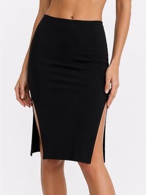 Y2K Black Bodycon Midi Skirt Double Slit Stretch Nylon XS Sexy Minimalist
